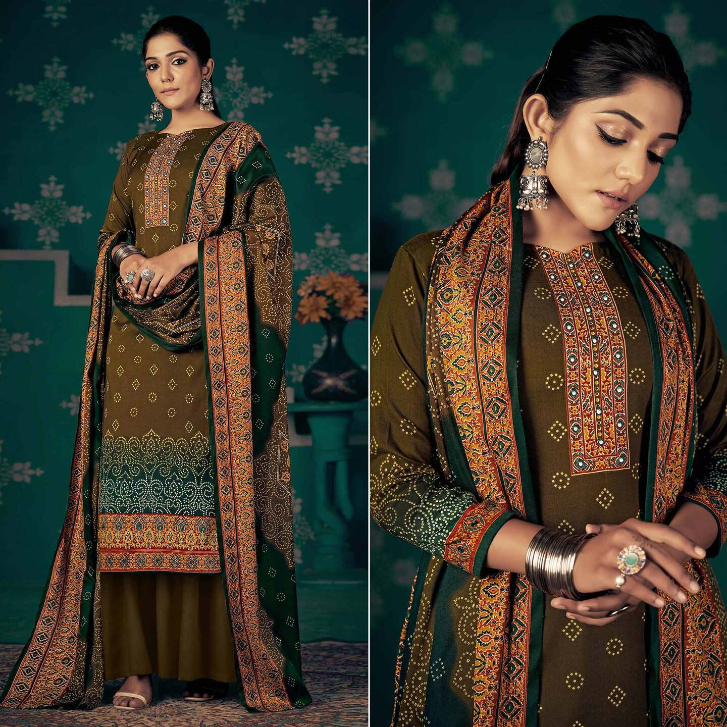 Mehendi Green Bandhani Printed Pashmina Salwar Suit  - Unstitched 