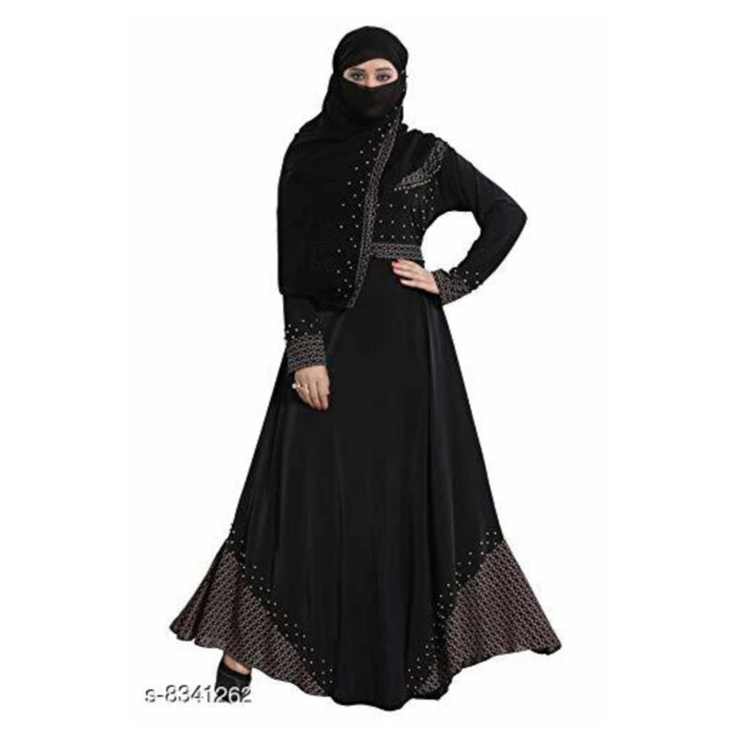 Attractive Lycra Abaya Burkha with Waist Belt/ Scarf Hijab (DN381-GOLD DIAMOND
