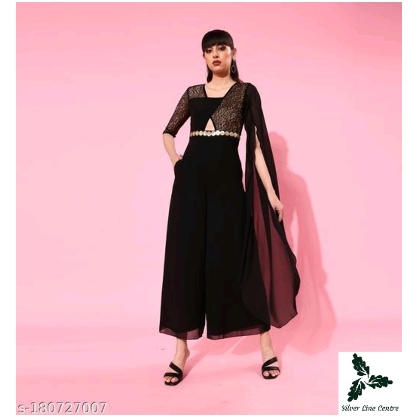 Miss Chase Women's Black & Beige Square Neck  Asymmetric Sleeve self-design Cut-Out  Regular Jumpsuit