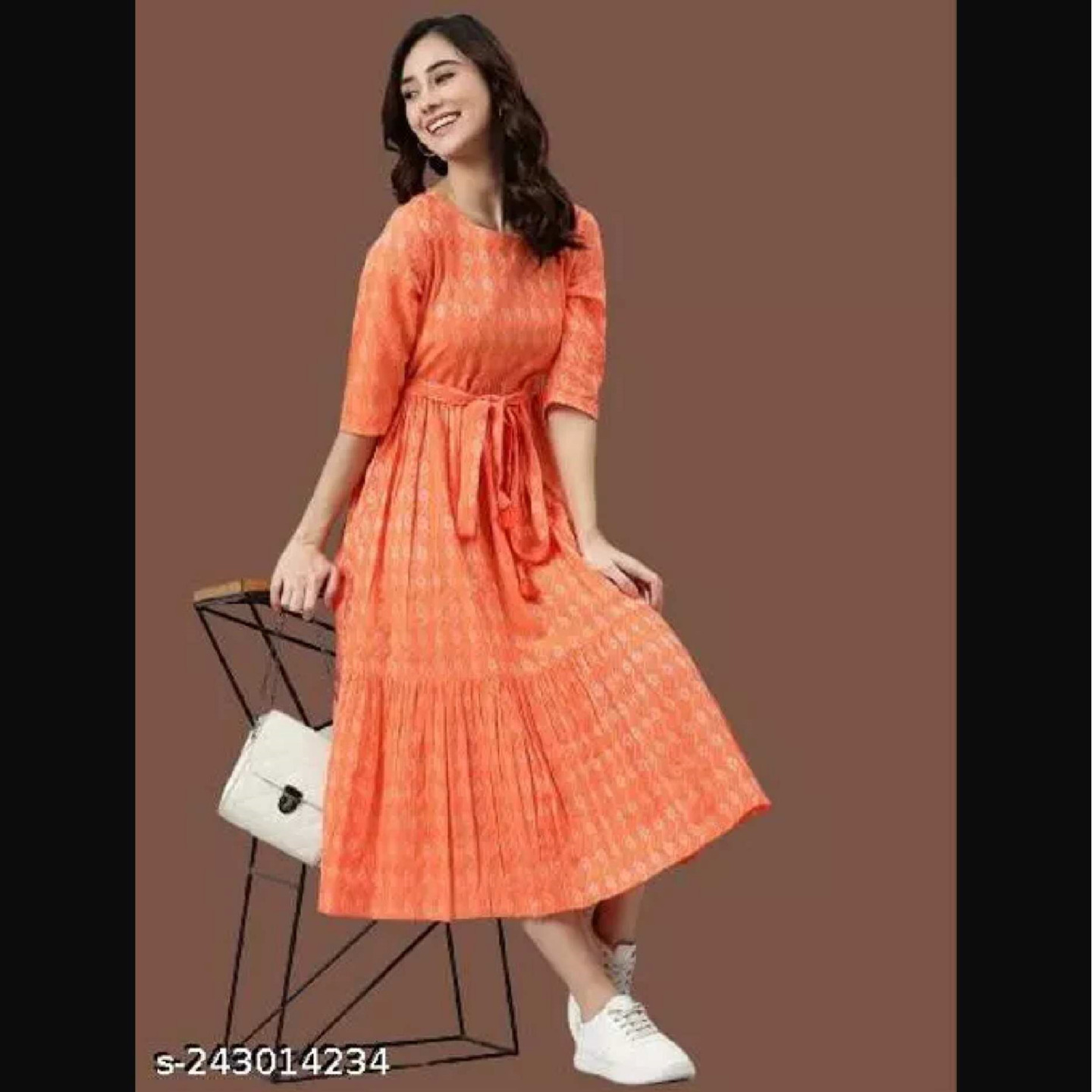 Rayon Printed Stylish Orange Kurti Dress 