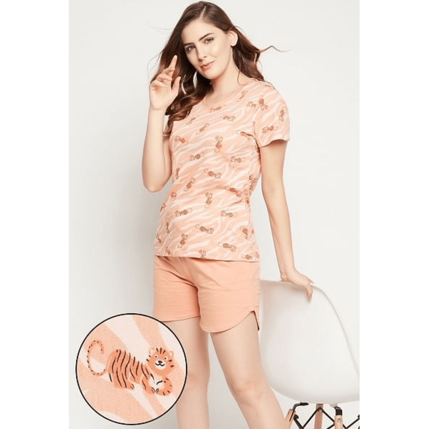 Tiger Print Top & Solid Shorts Set in Peach Colour - 100% Cotton