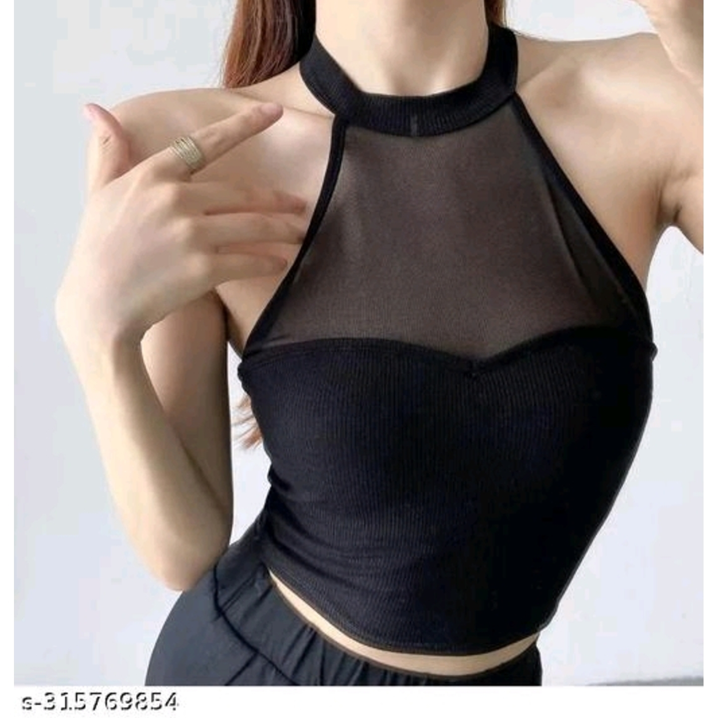 Trendy Ribbed Contrast Mesh Halter Neck Backless-Sleeveless Women's Crop Tops