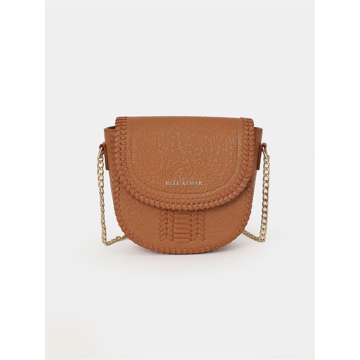 Tan Brown Embossed Leather Sling Bag