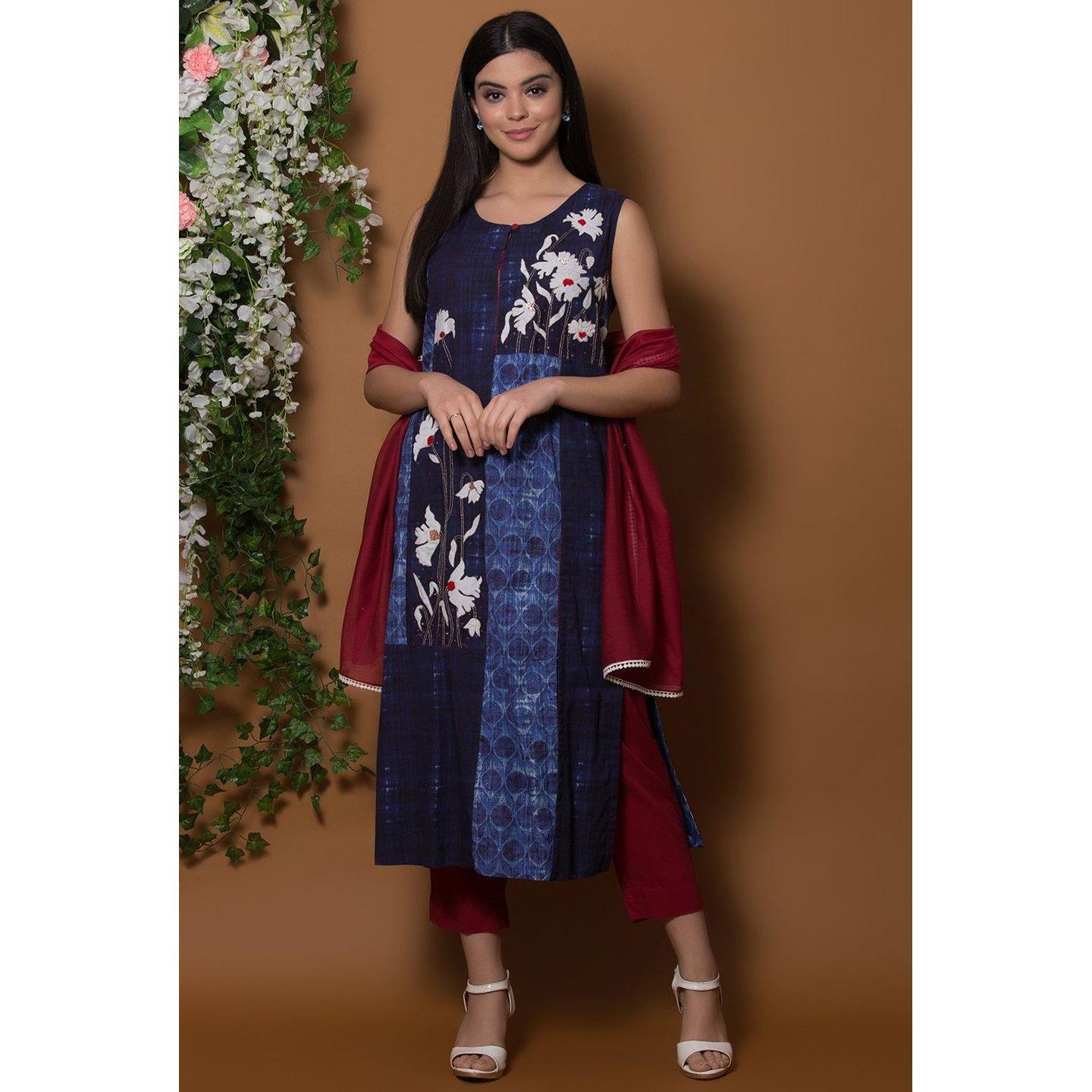 Blue Cotton Straight Suit Set By Anju Modi