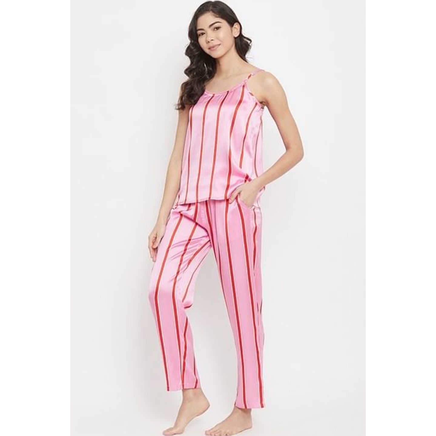 Sassy Stripes Cami Top & Pyjama in Baby Pink - Satin