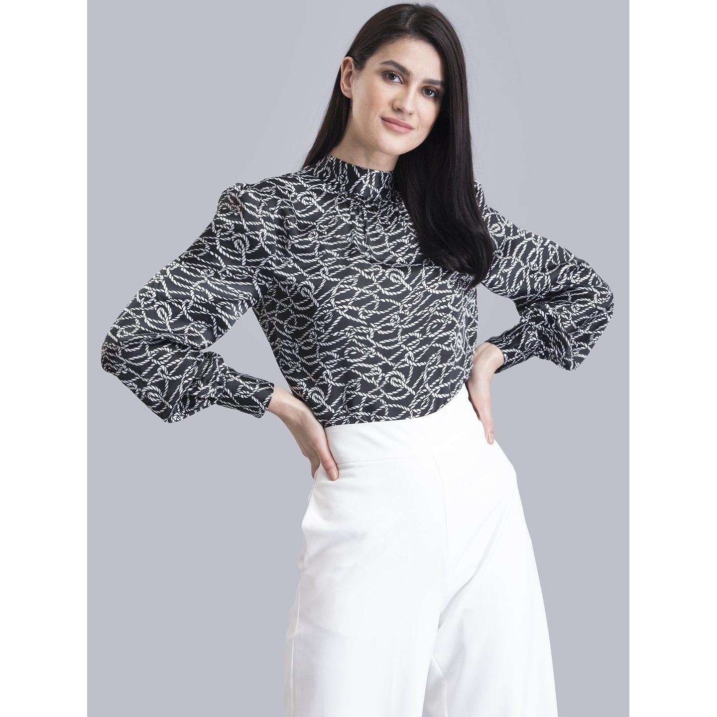 Satin High Neck Printed Top - Black and White