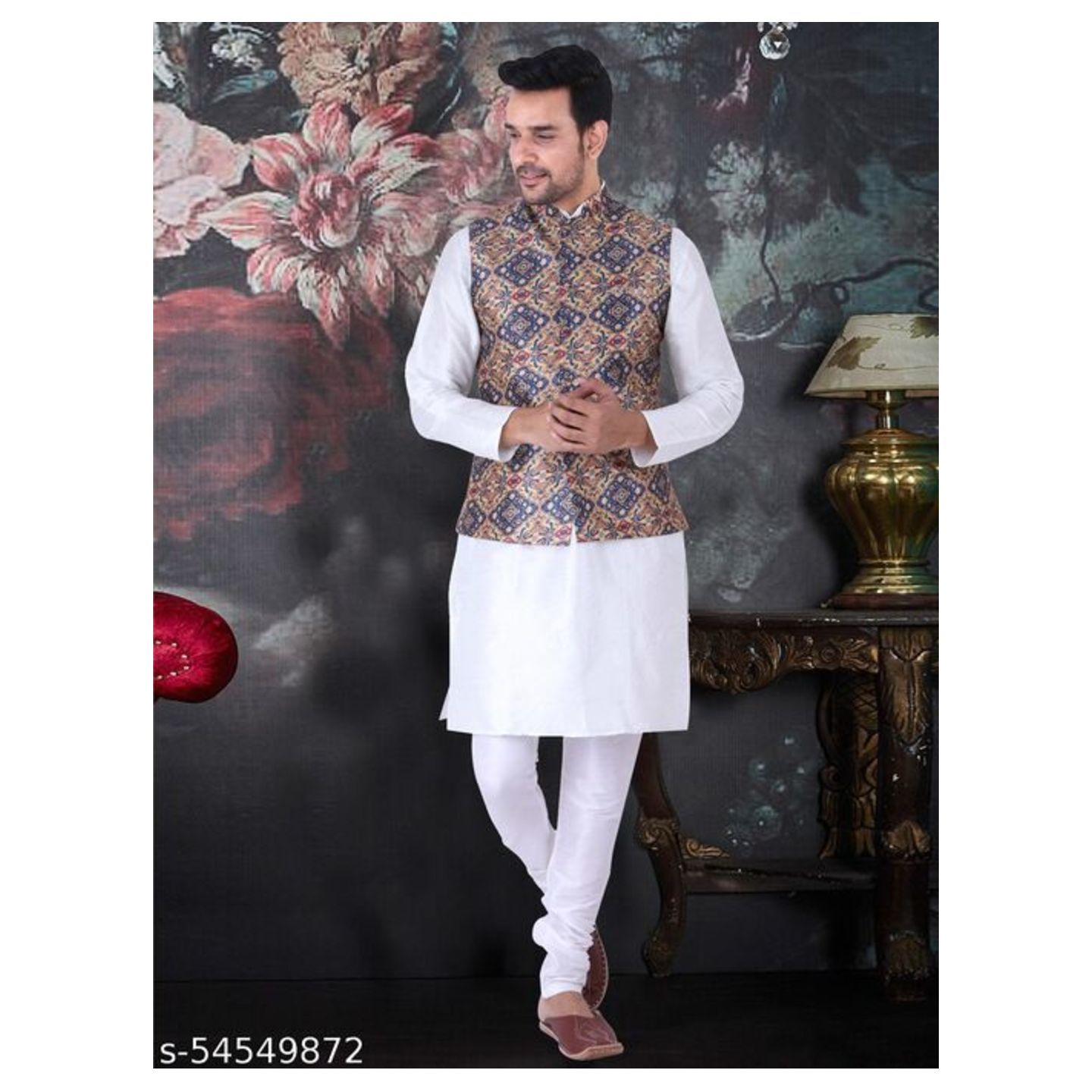 TAU-G Men's Silk Kurta Pyjama/pajama With Multicolor Square Print Nehru Jacket Set