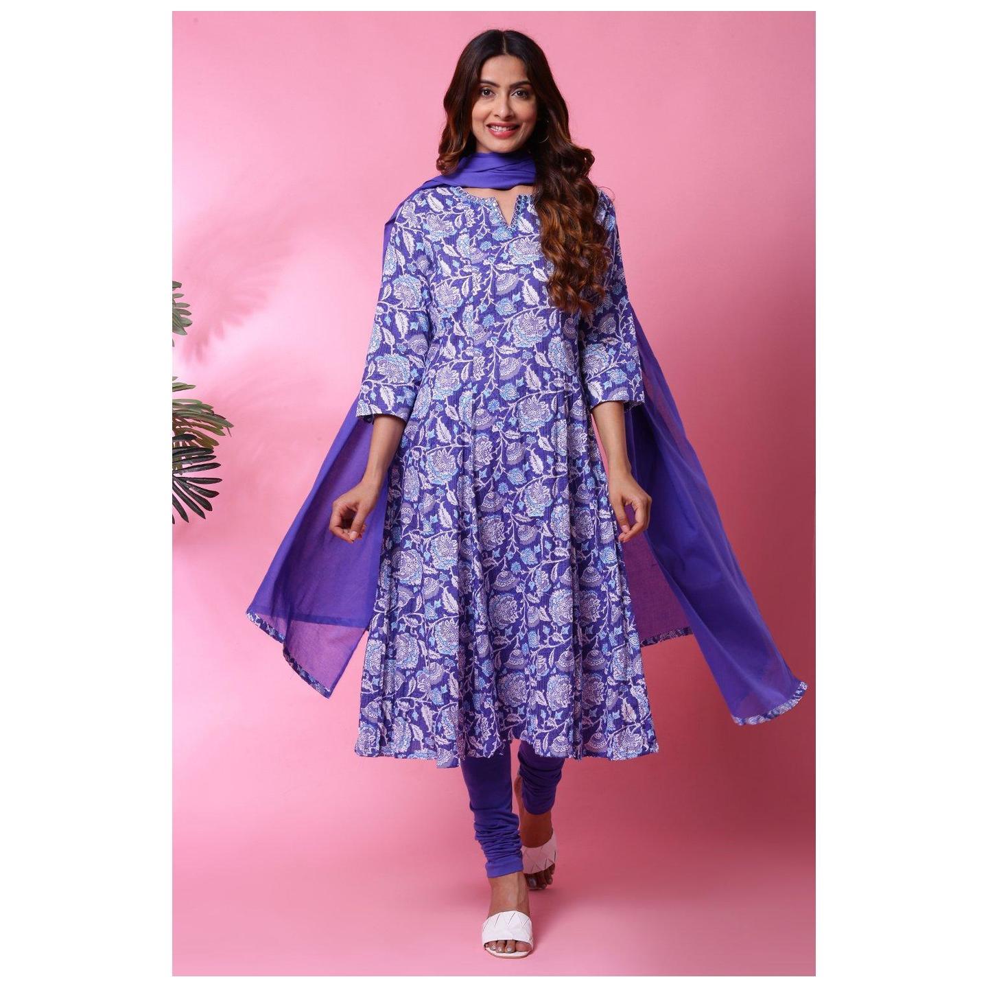 Blue Cotton Crushed Kalidar Suit Set