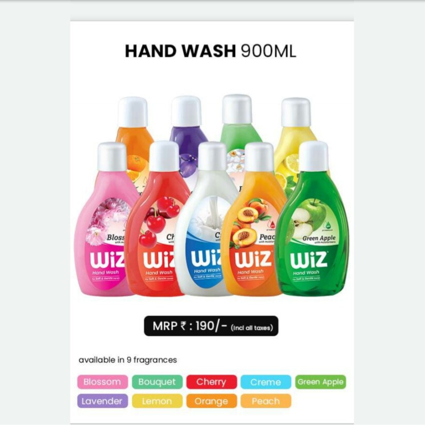 WIZ Premium Quality Hand Wash, 900 ml pack, 9 Fragrances, Rs.170