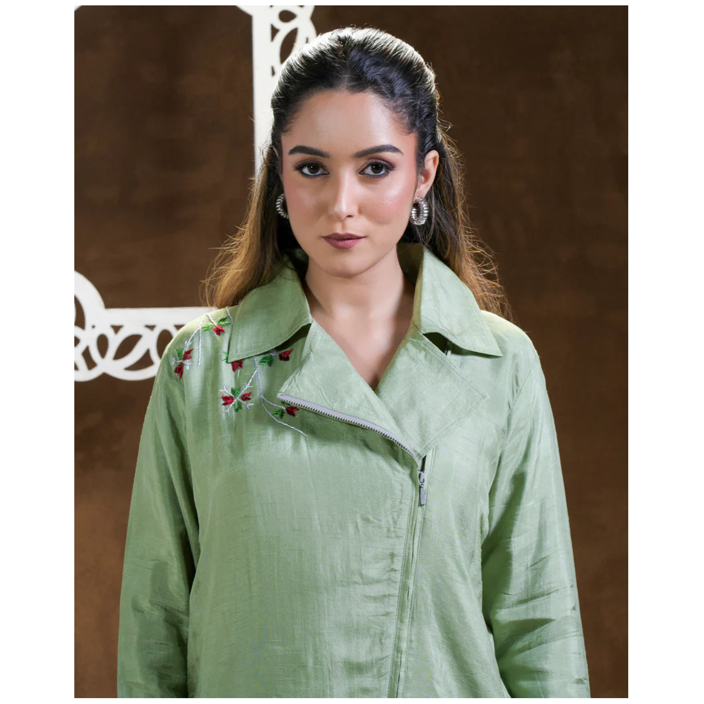 Pure Silk Hand Embroidered Phulkari Shirt - Leaf Green  Handcrafted