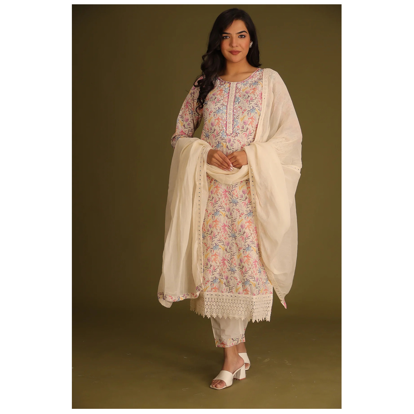 Printed Mulmul Straight Kurta Set with Schiffli and Embroidered work. 