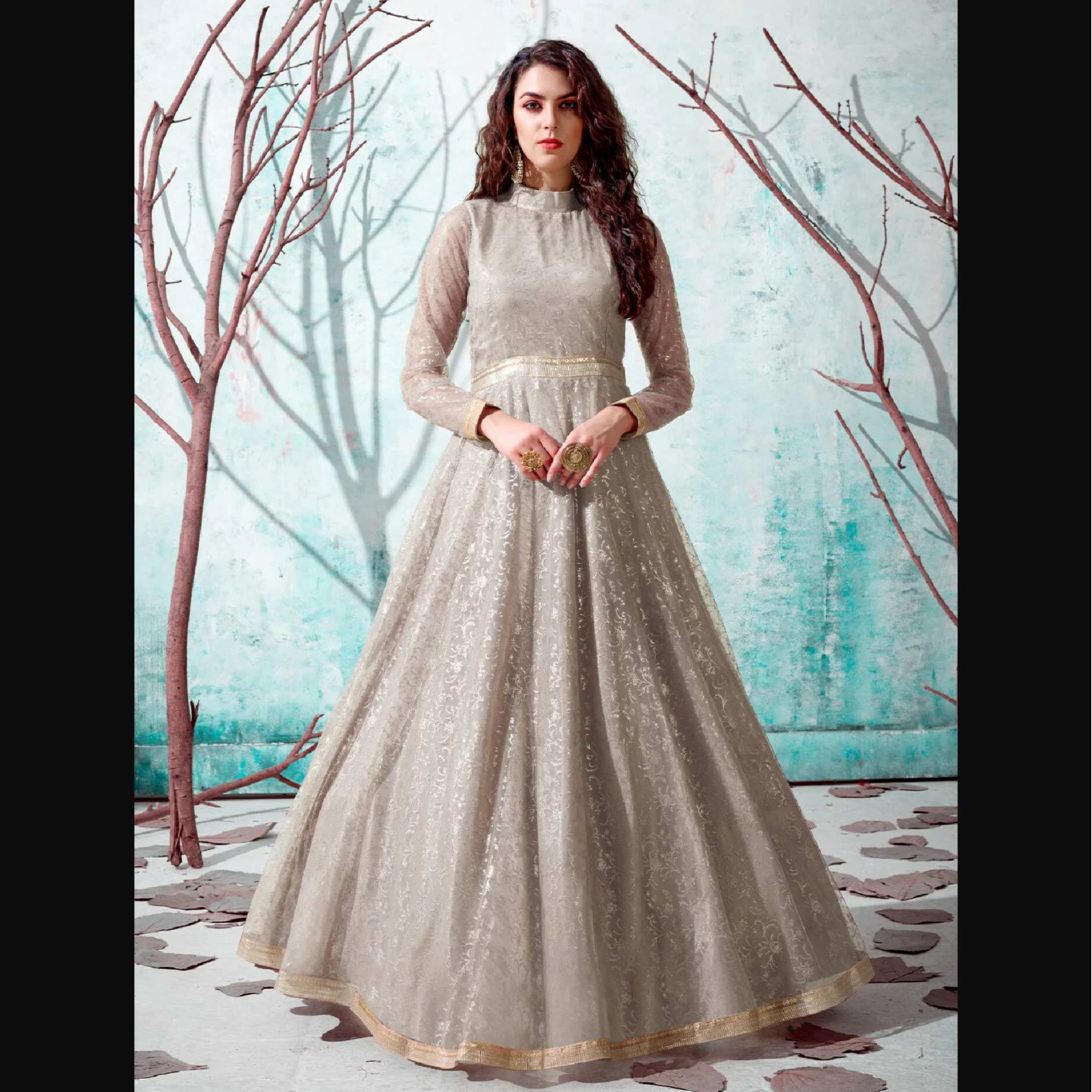 Designer Beige Net Semi Stitched Gown Size- Semi Stitched 