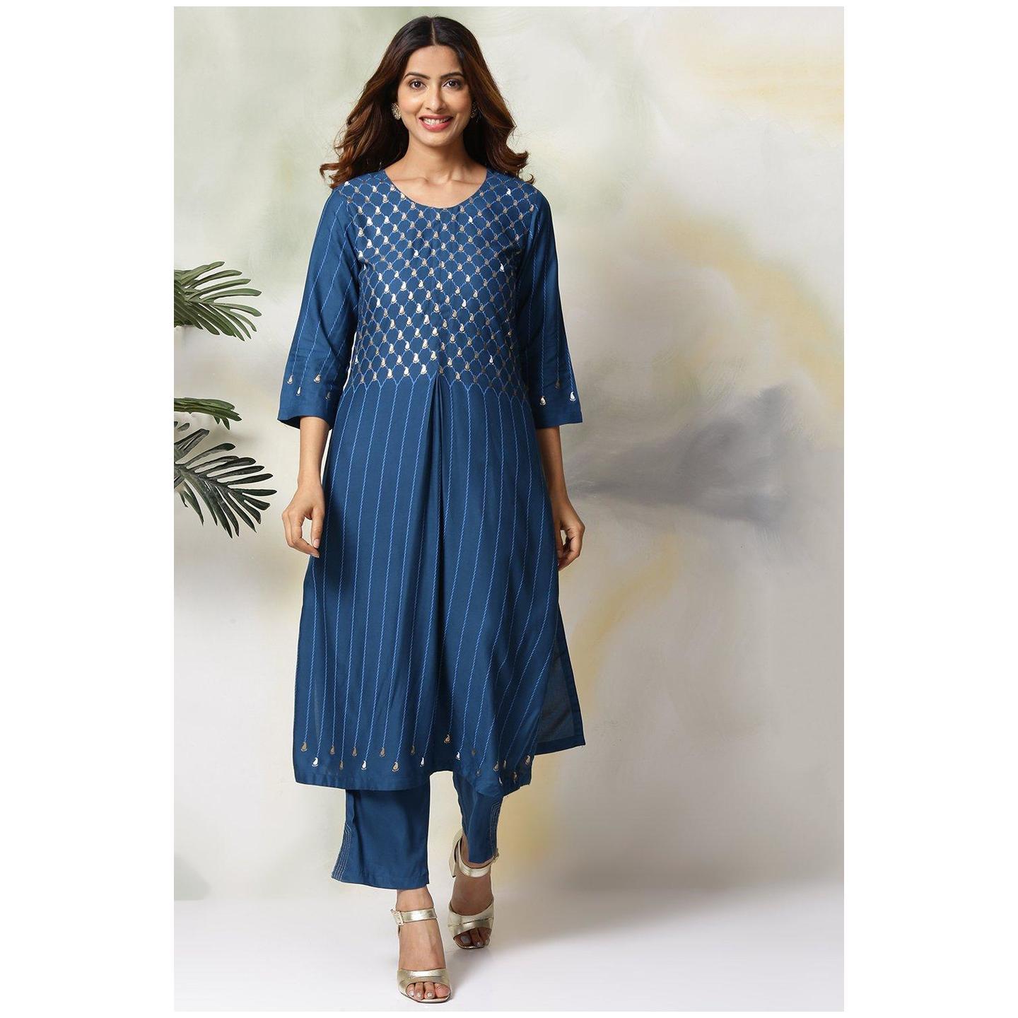 Blue Rayon Straight Kurta Pants Set