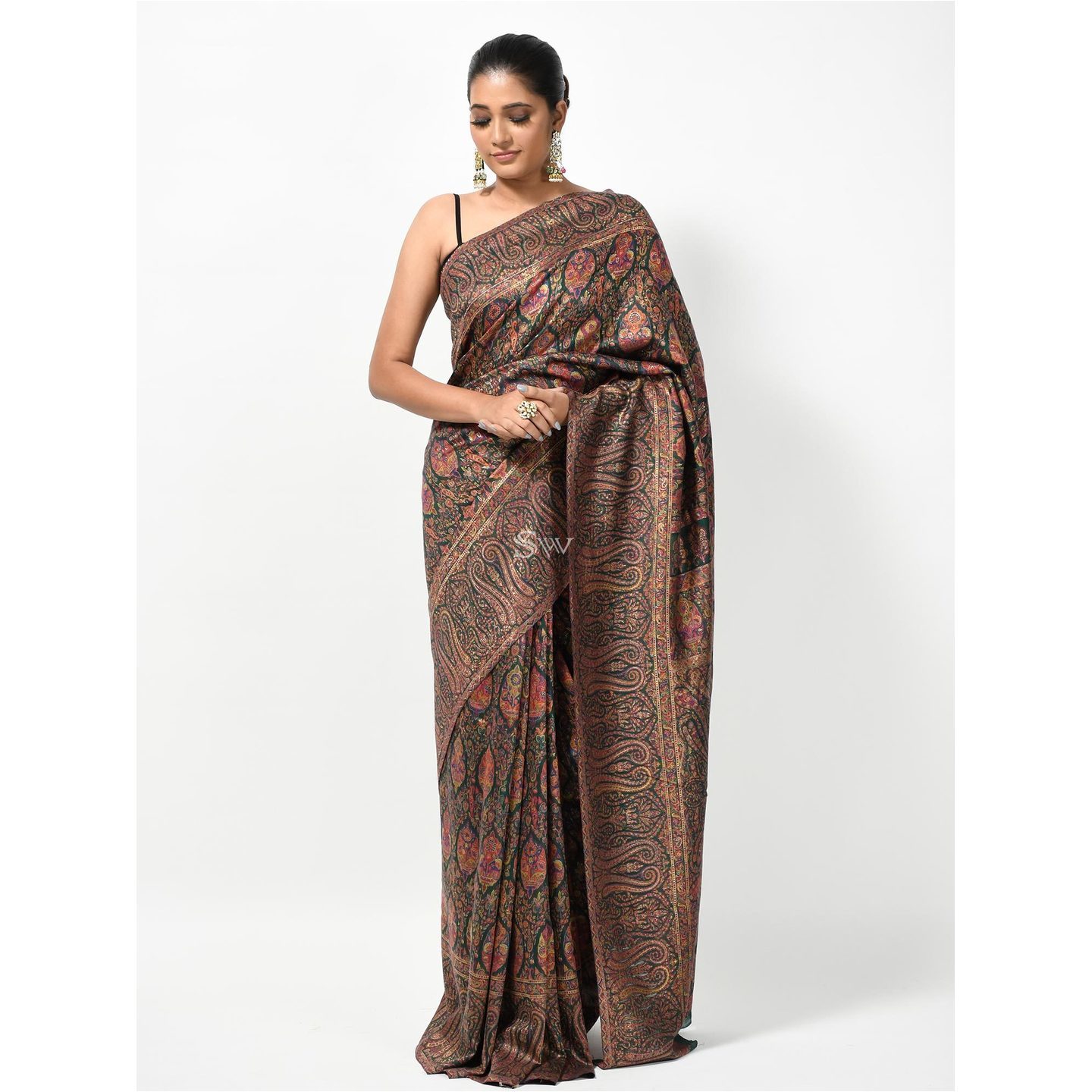 Bottle Green Pashmina Moonga Silk Handloom Banarasi Saree