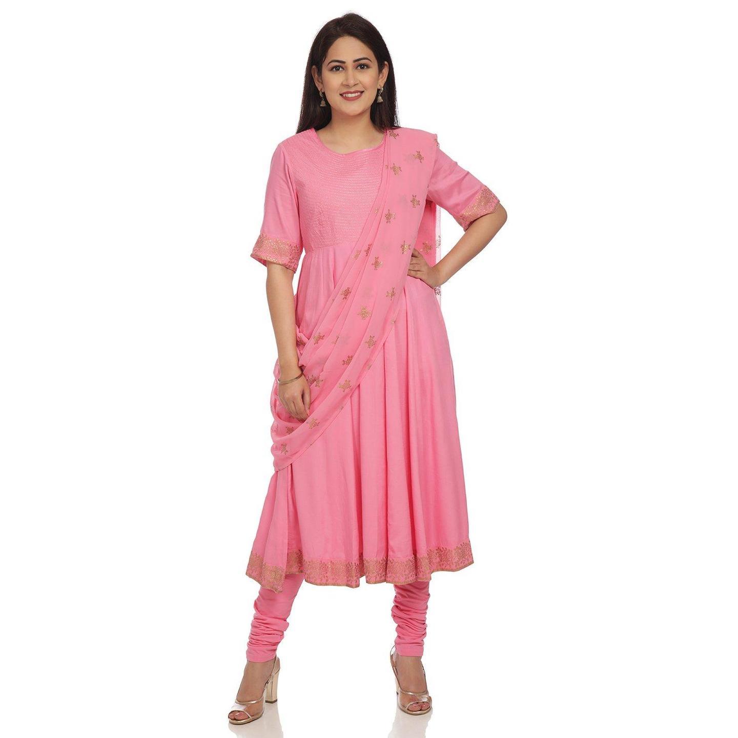 Pink Asymmetric Viscose Saree Kurta