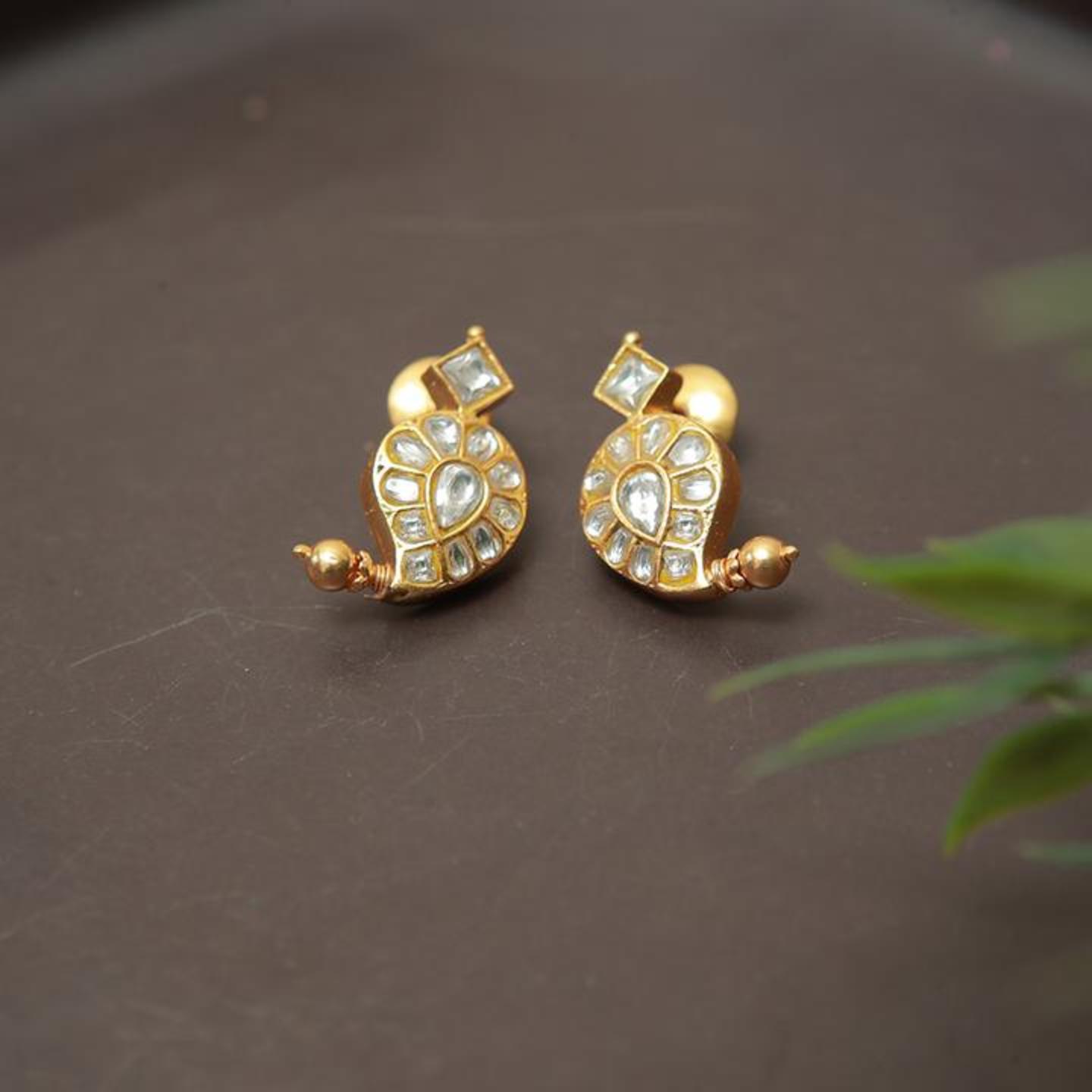 Gold Dipped Silver Mango Earrings in White Stones