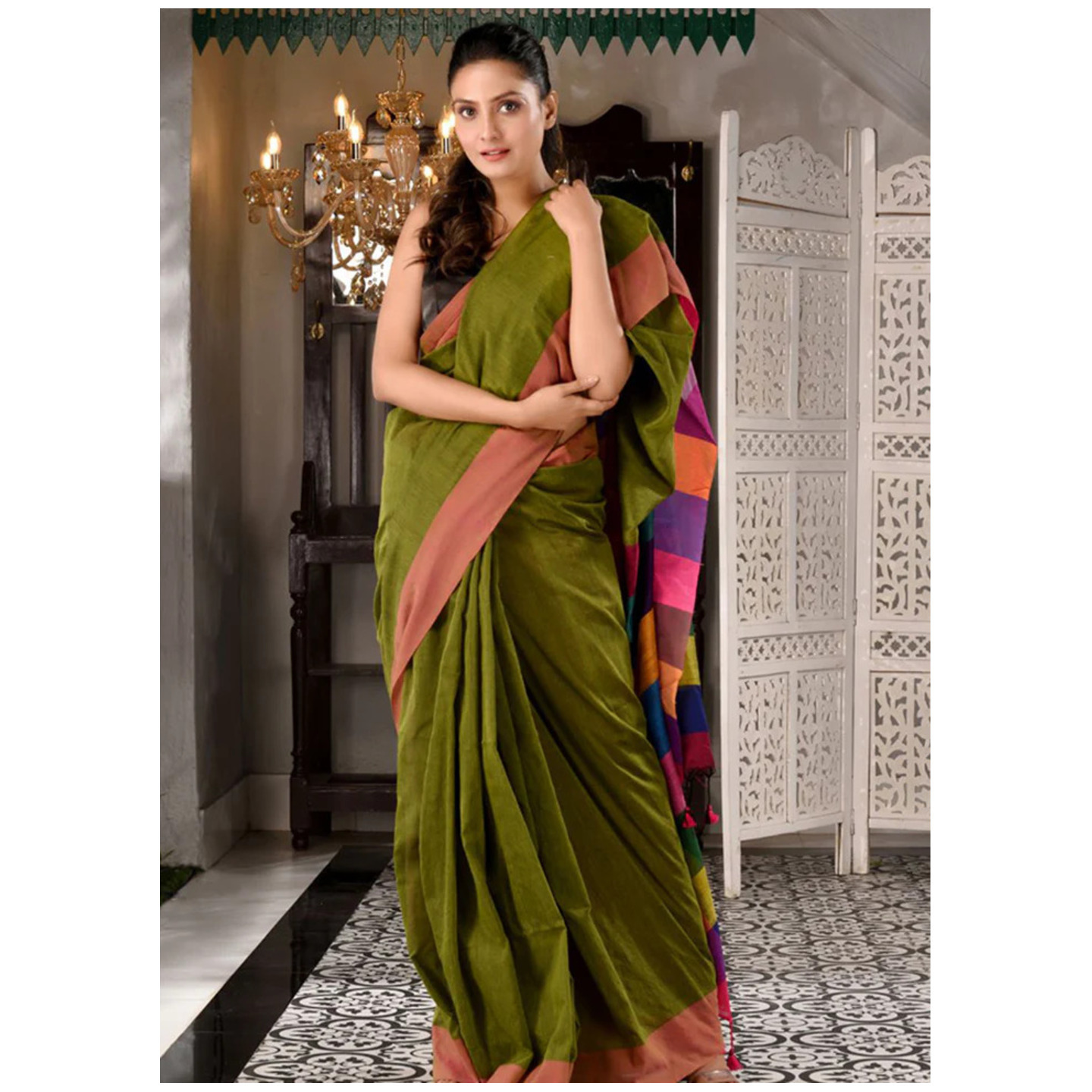 Sap Green Pure Cotton Textured Saree With Blouse 