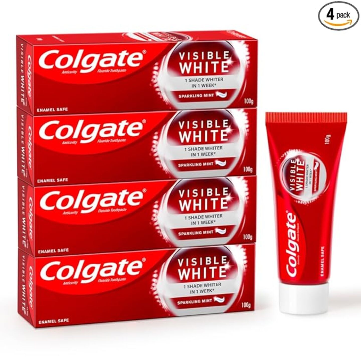 Colgate Visible White Toothpaste 400g (Combo Pack of 4 x 100g) Teeth Whitening Starts in 1 week, Safe on Enamel, Stain Removal and Minty Flavour for Fresh Breath.  Size- 4 x 100 gm