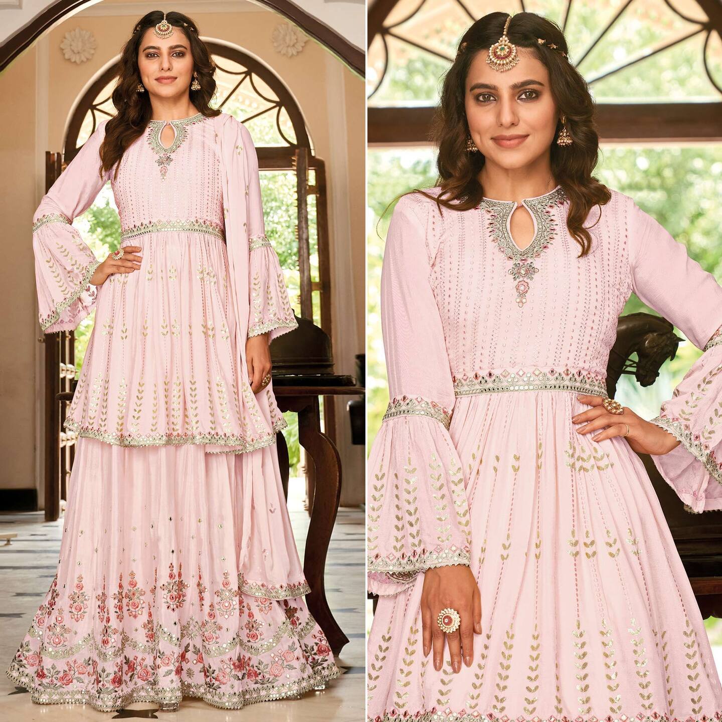 Pink Floral Sequins Embroidered Chiffon Semi-Stitched Sharara Suit  - Semi-Stitched