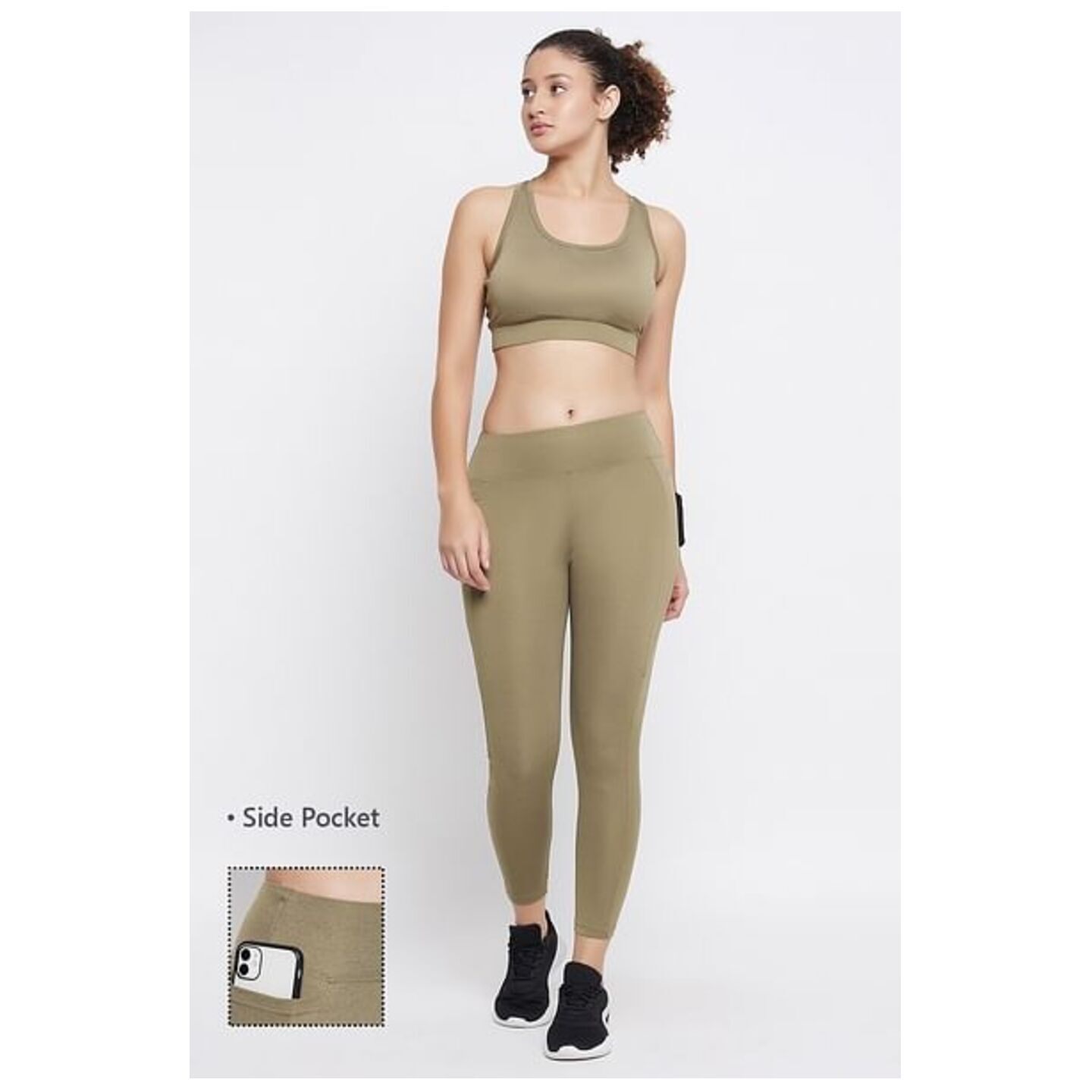 Medium Impact Padded Active Sports Bra & High Rise Active Tights with Side Pocket in Olive Green 