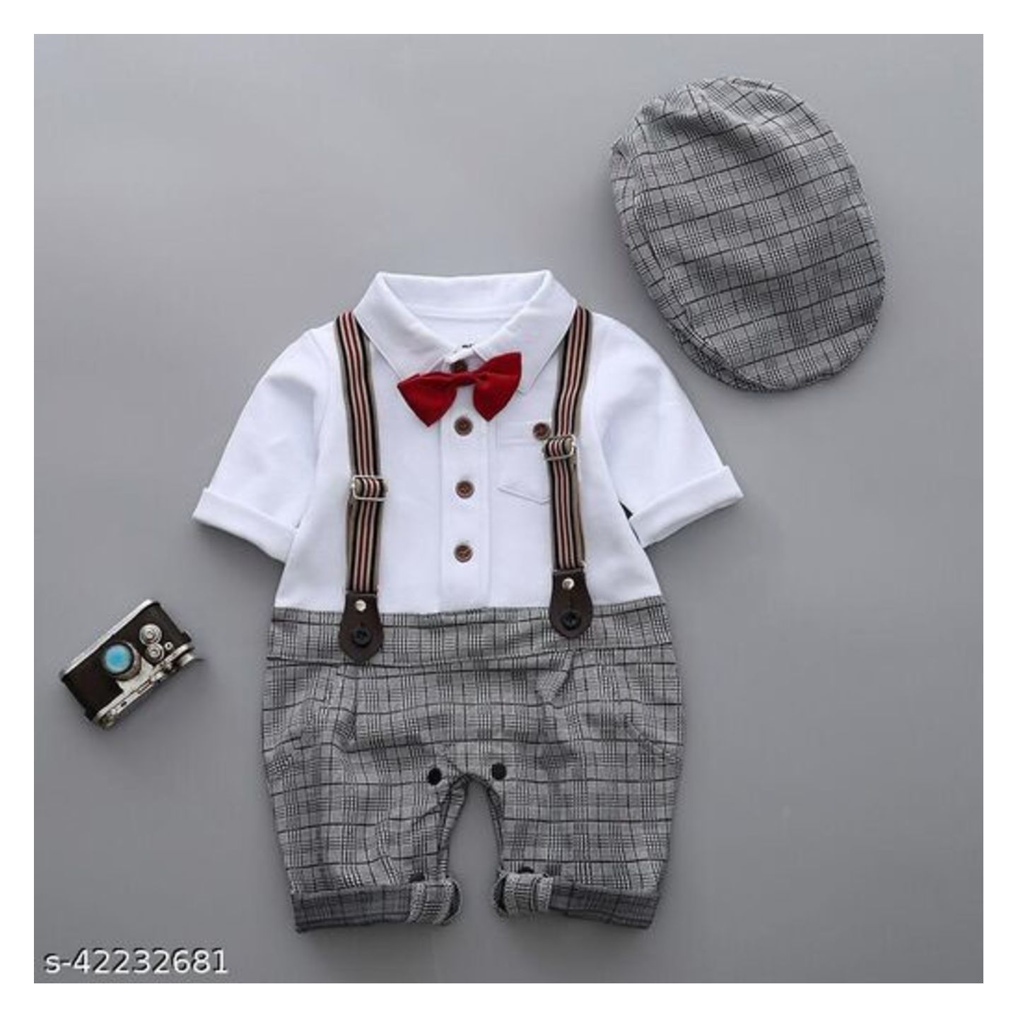 Hopscotch Boys Cotton and Polyester Suspender Style Bow Applique Romper in Gray Color (699051)