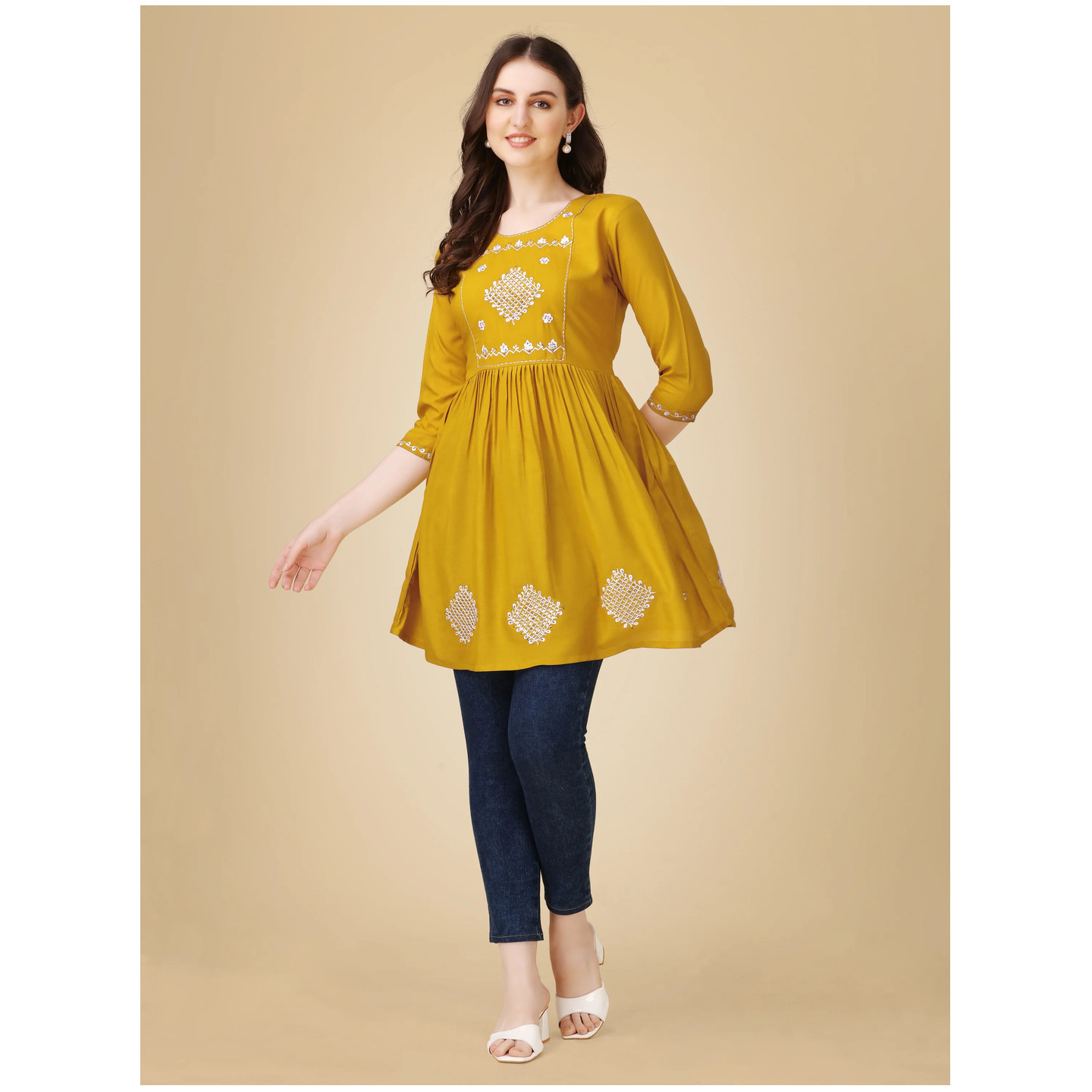 Women's Mustard Viscose Rayon Embroidered Casual Top - Jyoti Fashion 