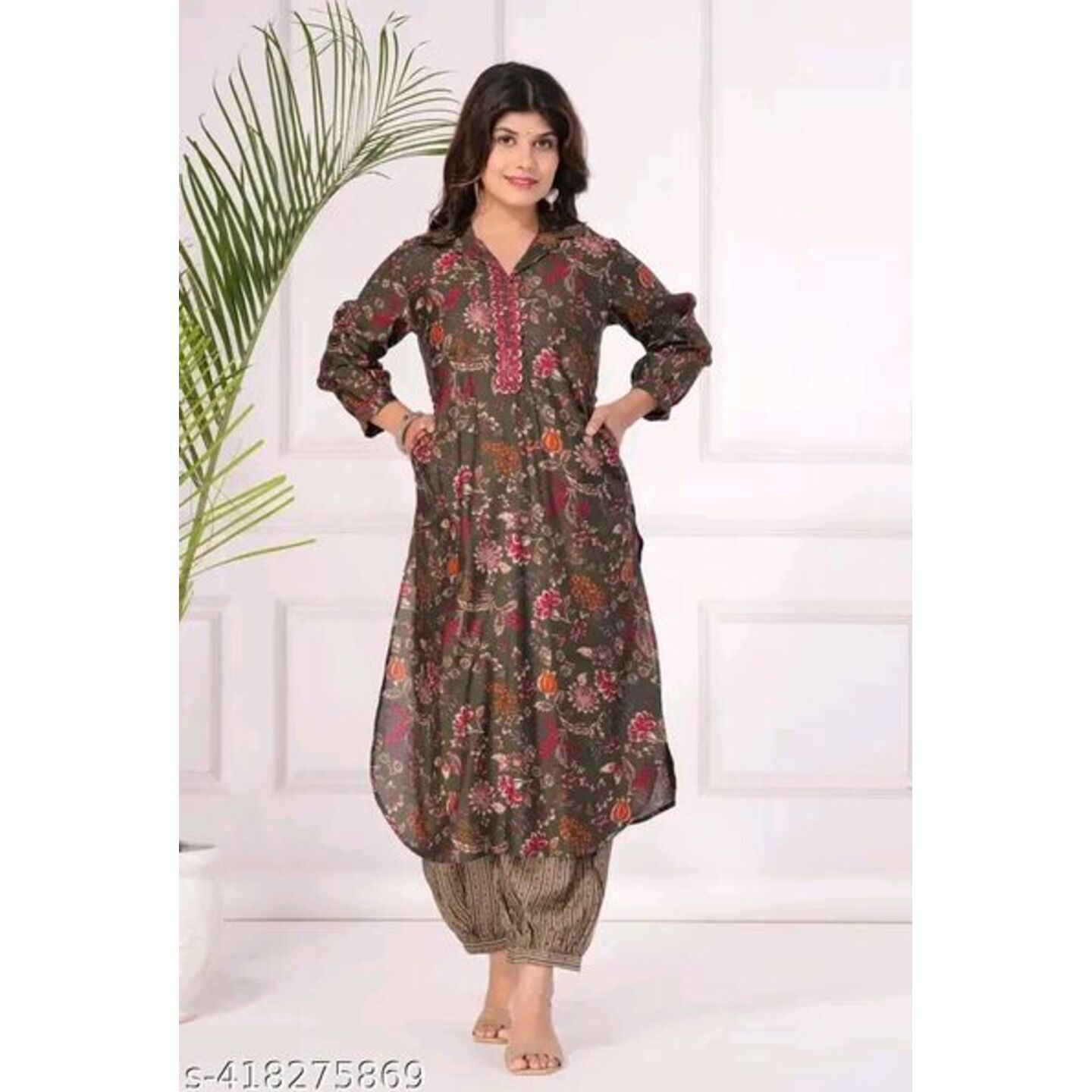 Women's  Floral Printed Beads and Stones Pathani Kurta Set 