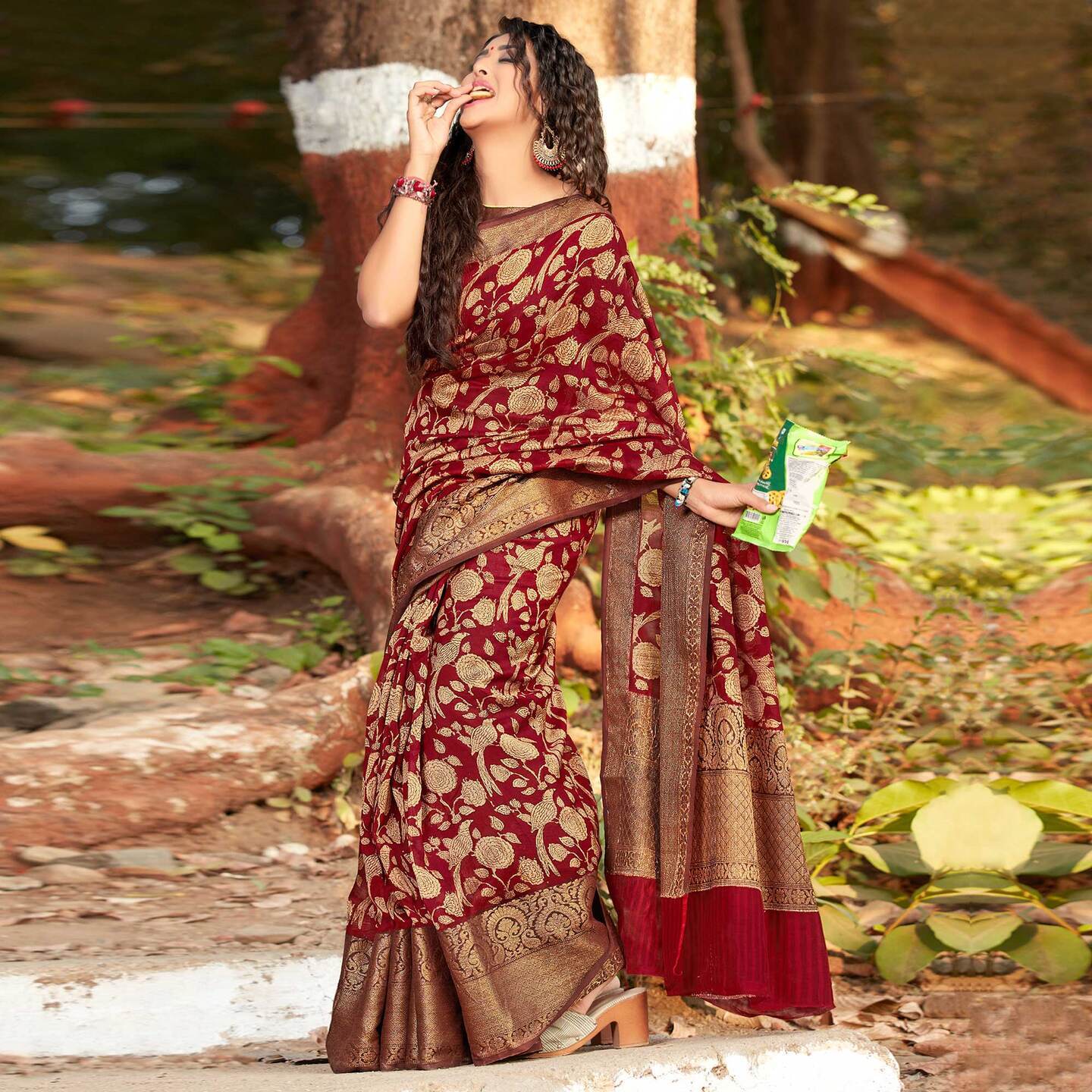 Maroon Printed With Woven Border Pure Cotton Saree 