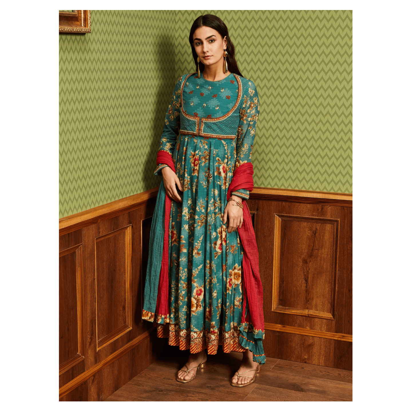 Teal Green Floral Print Anarkali Suit Set