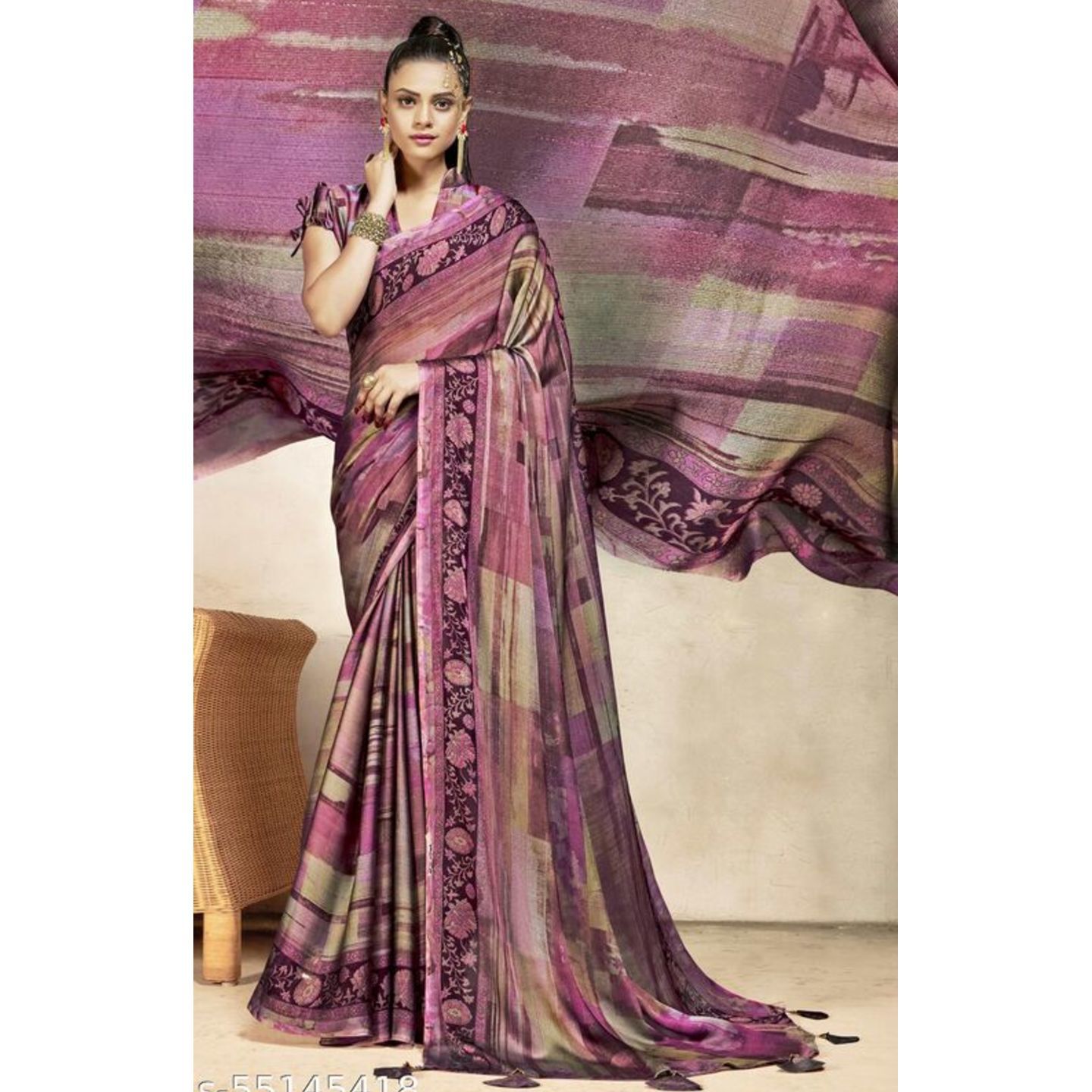 Shakunt Weaves Moss Chiffon Pink & Multicolor Saree - VPRTR12031