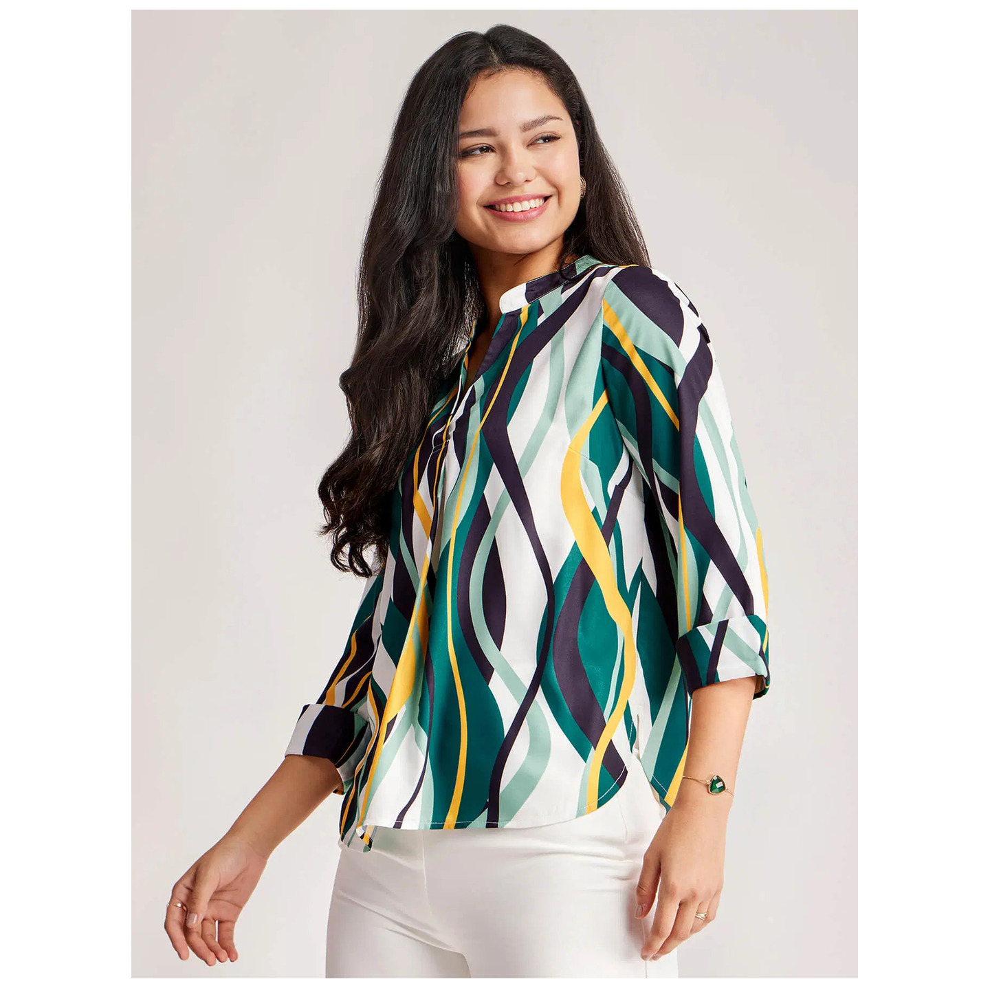 Abstract Print Pleated Top - White And Teal 