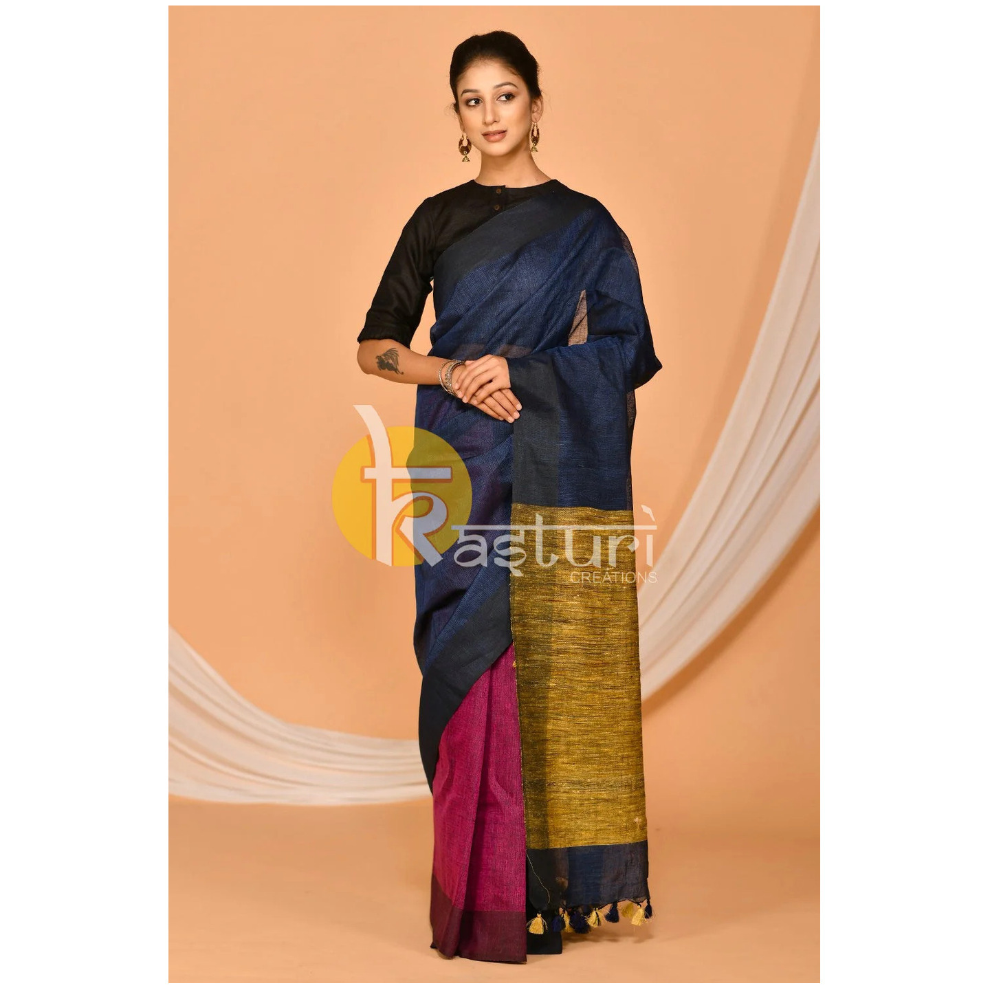 Navy blue and burgundy handloom linen saree 