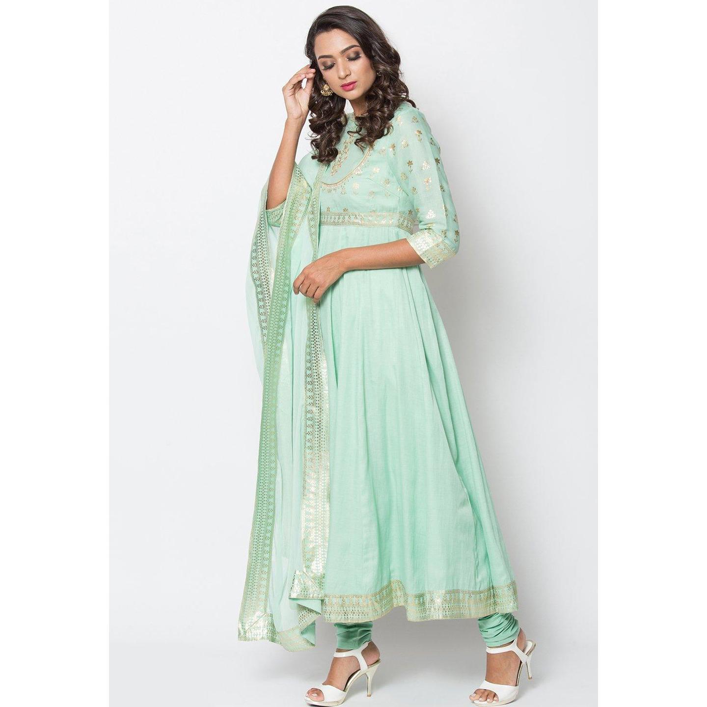 Green Cotton Silk Anarkali Suit Set