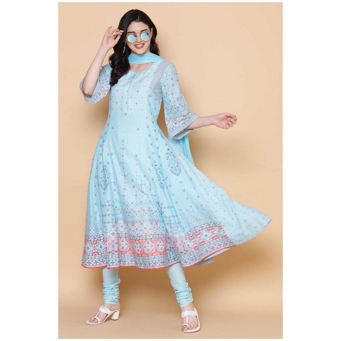 Turquoise Cotton Kalidar Suit Set