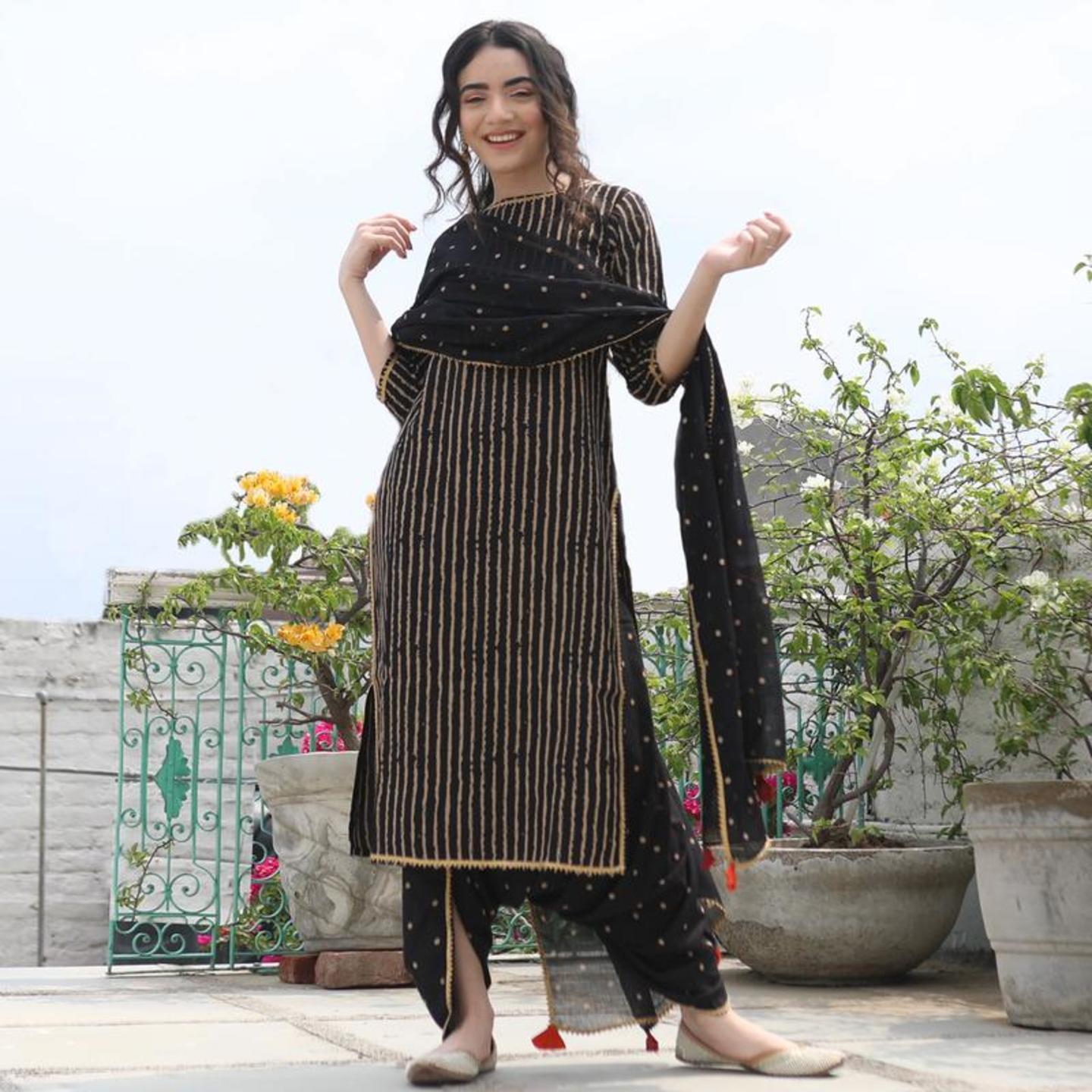 Black Striped & Polka Dhoti Kurta Dupatta Set with Tassel Details