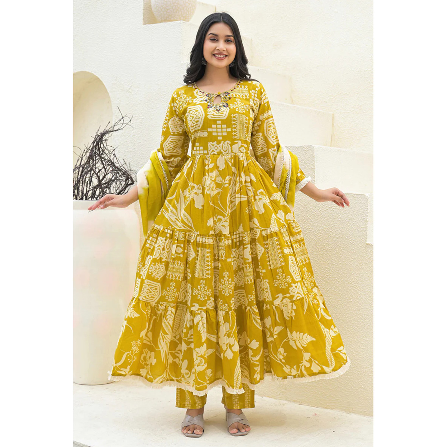 Traditional Printed Mustard Anarkali Salwar Suit with Delicate Embroidery in Cotton Fabric 