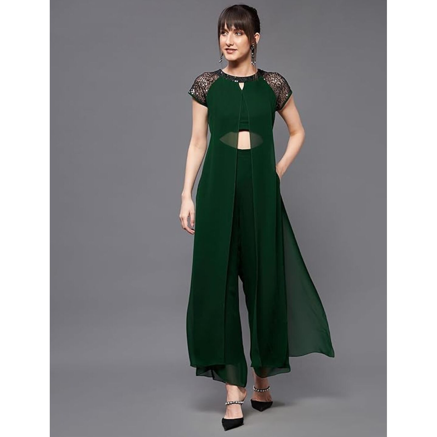 Miss Chase Women's Wine Solid Regular Length Round Neck Short Sleeves Embellished Jumpsuit