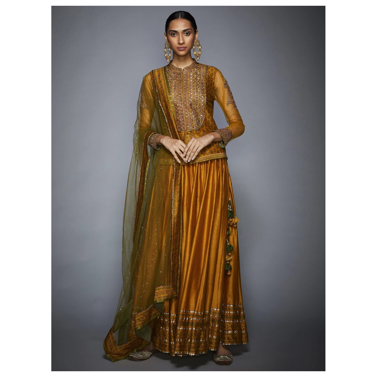 Mustard & Olive Green Kalash Gota Embroidered Ensemble