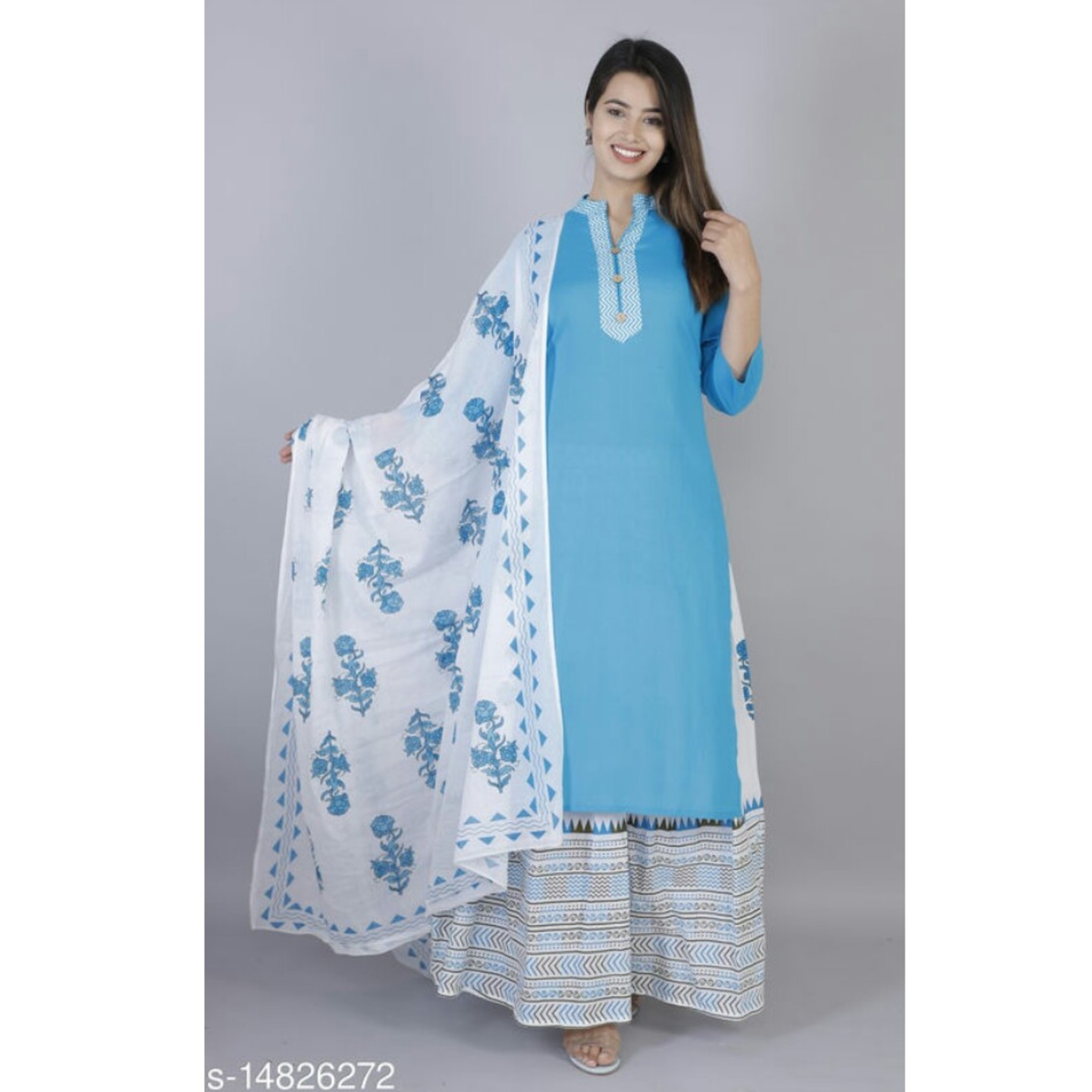 Stylish Rayon Solid Kurta with Printed Cotton Sharara and Dupatta