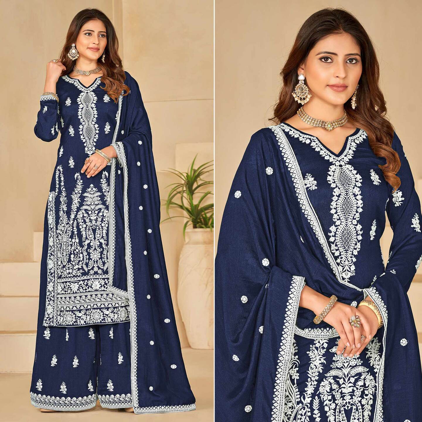 Blue Floral Embroidered Art Silk Semi-Stitched Palazzo Suit  Size- Semi-Stitched 