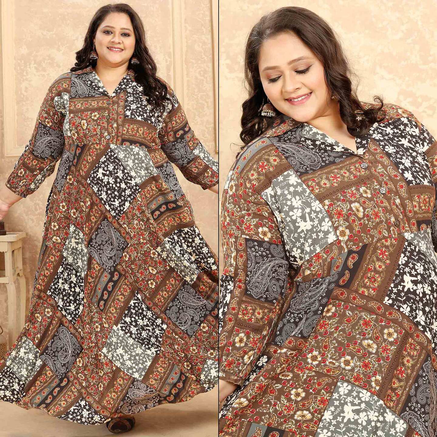 Brown Floral Printed Rayon Long Kurti 