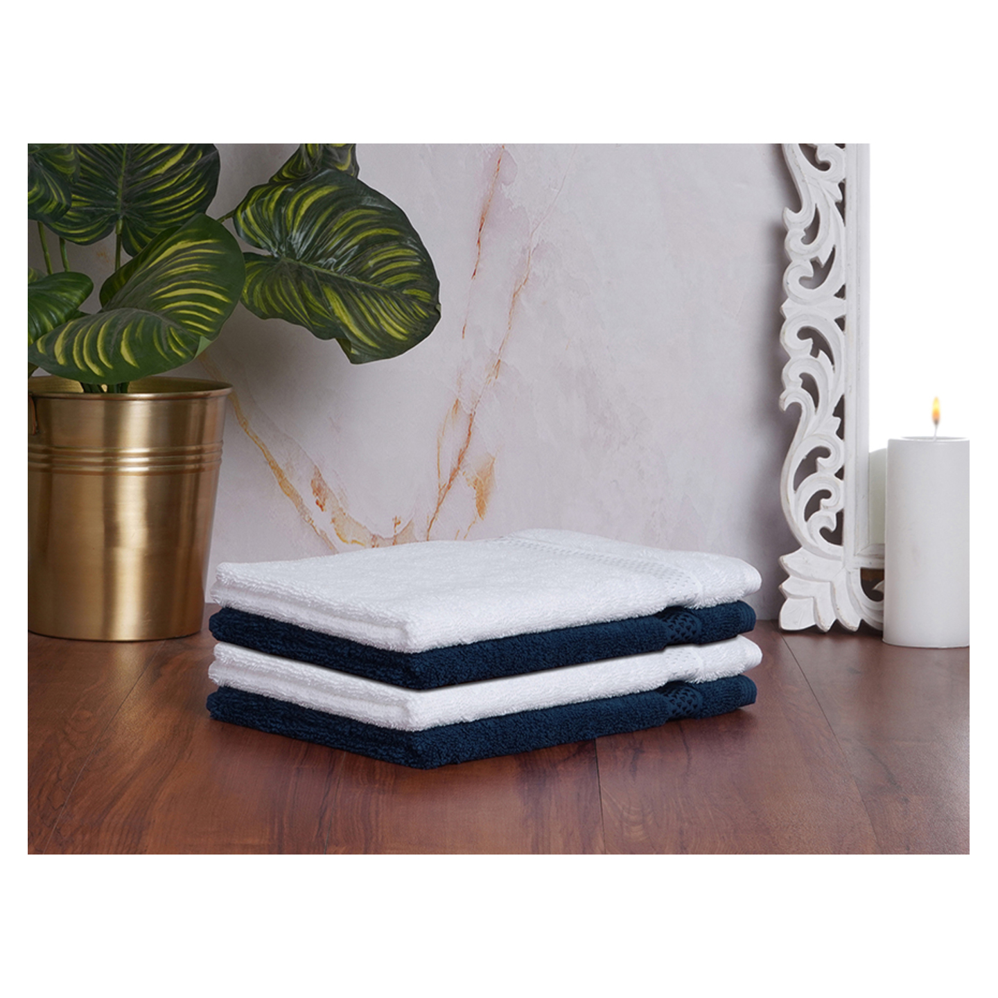 Atrium Plus 100 Cotton 4 Hand Towel Solid, 40 cm x 60 cm - White & Blue