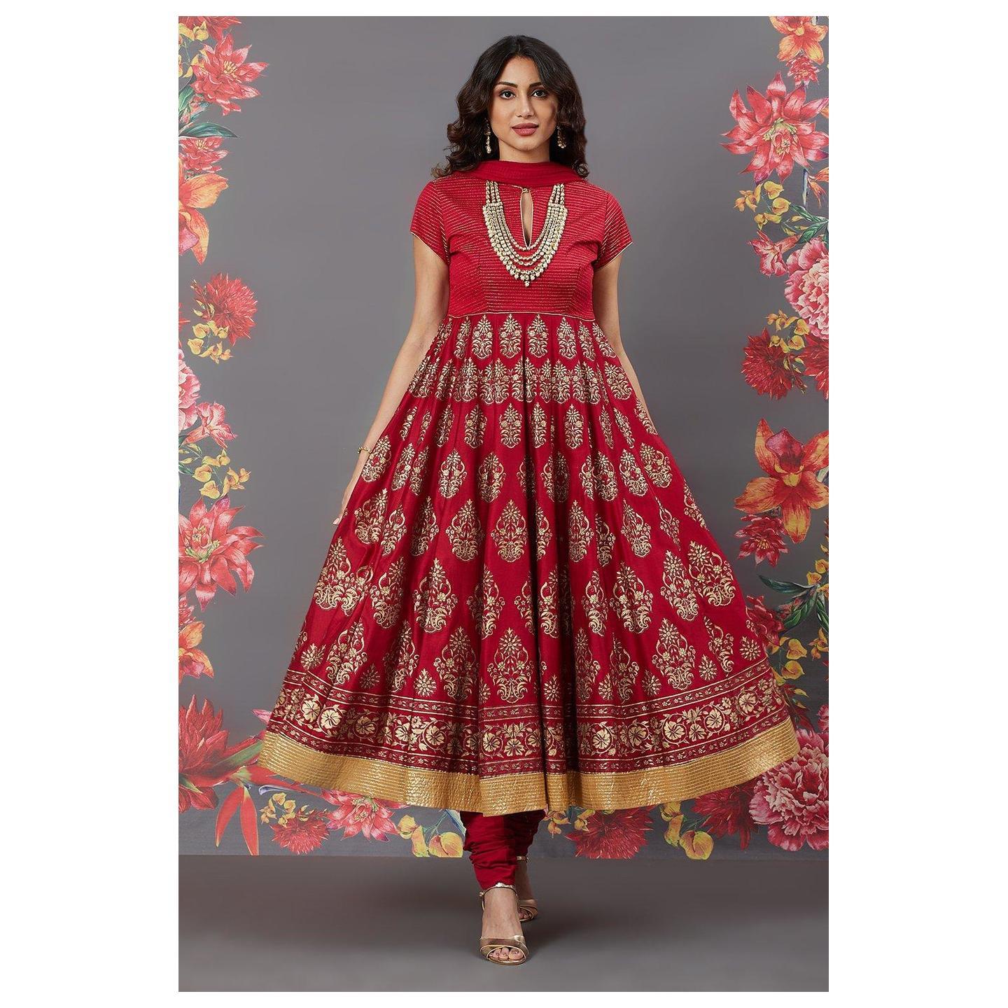 Rohit Bal Red Chanderi Silk Anarkali Suit Set, Combines Kurta, Churidar & Dupatta