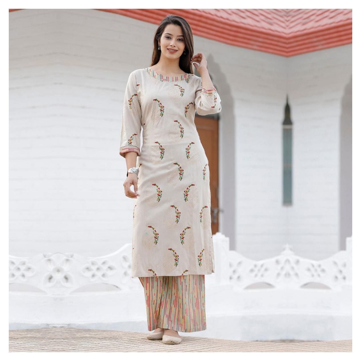Opulent Cream Colored Casual Floral Printed Rayon Kurti-Palazzo Set