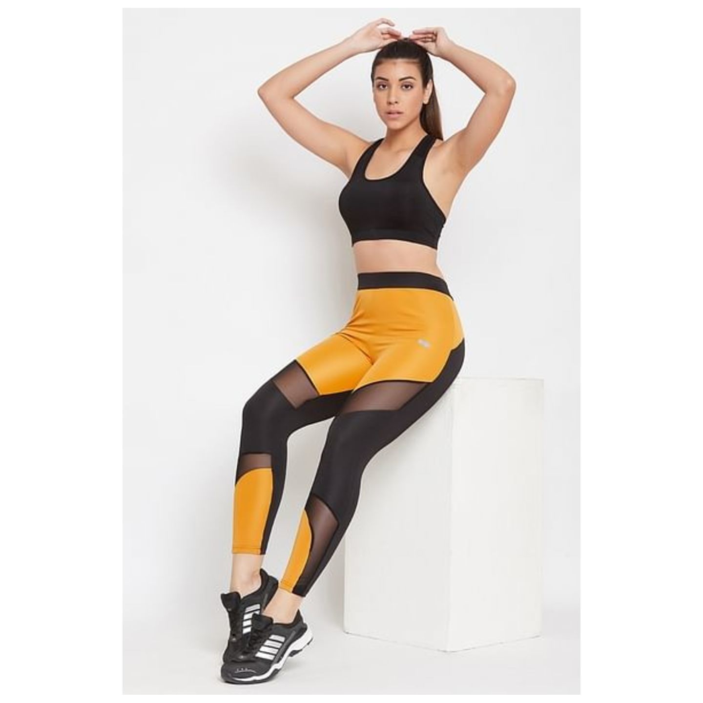 Snug Fit Active Colourblock Ankle-Length Tights in Mustard Sports Bra-Zumba Dress