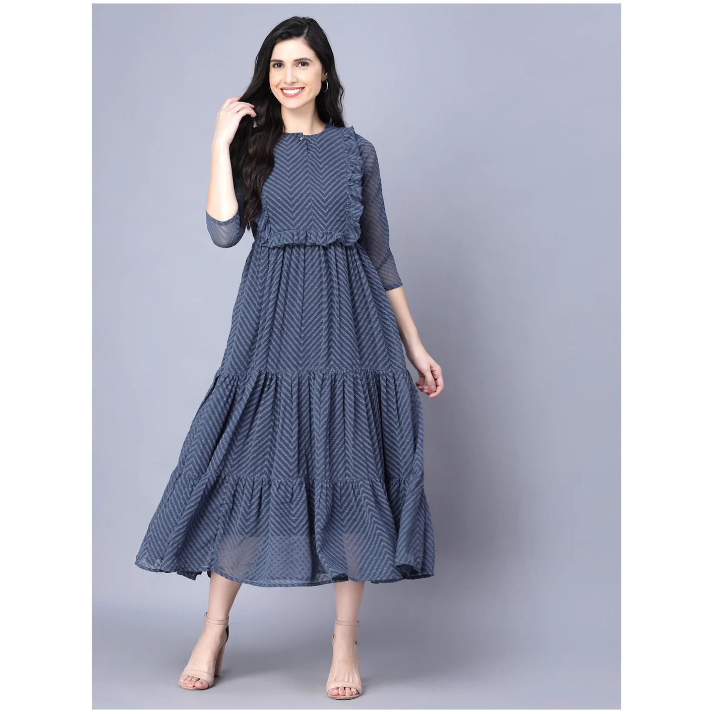 Women's Georgette Solid 3/4 Sleeve Round Dark Grey Women Dress - Myshka 