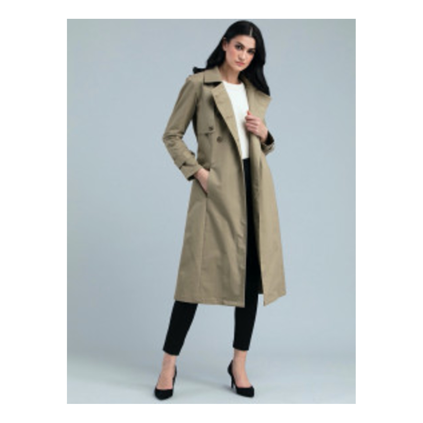 Cotton Twill Lycra Wide Collar Trench Coat-Beige