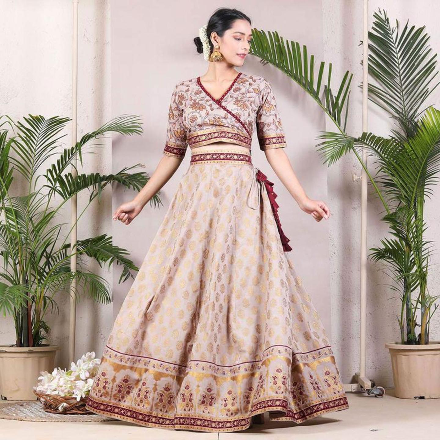 Beige Gold Lehenga Set Set with Maroon Dupatta & Tassel Details