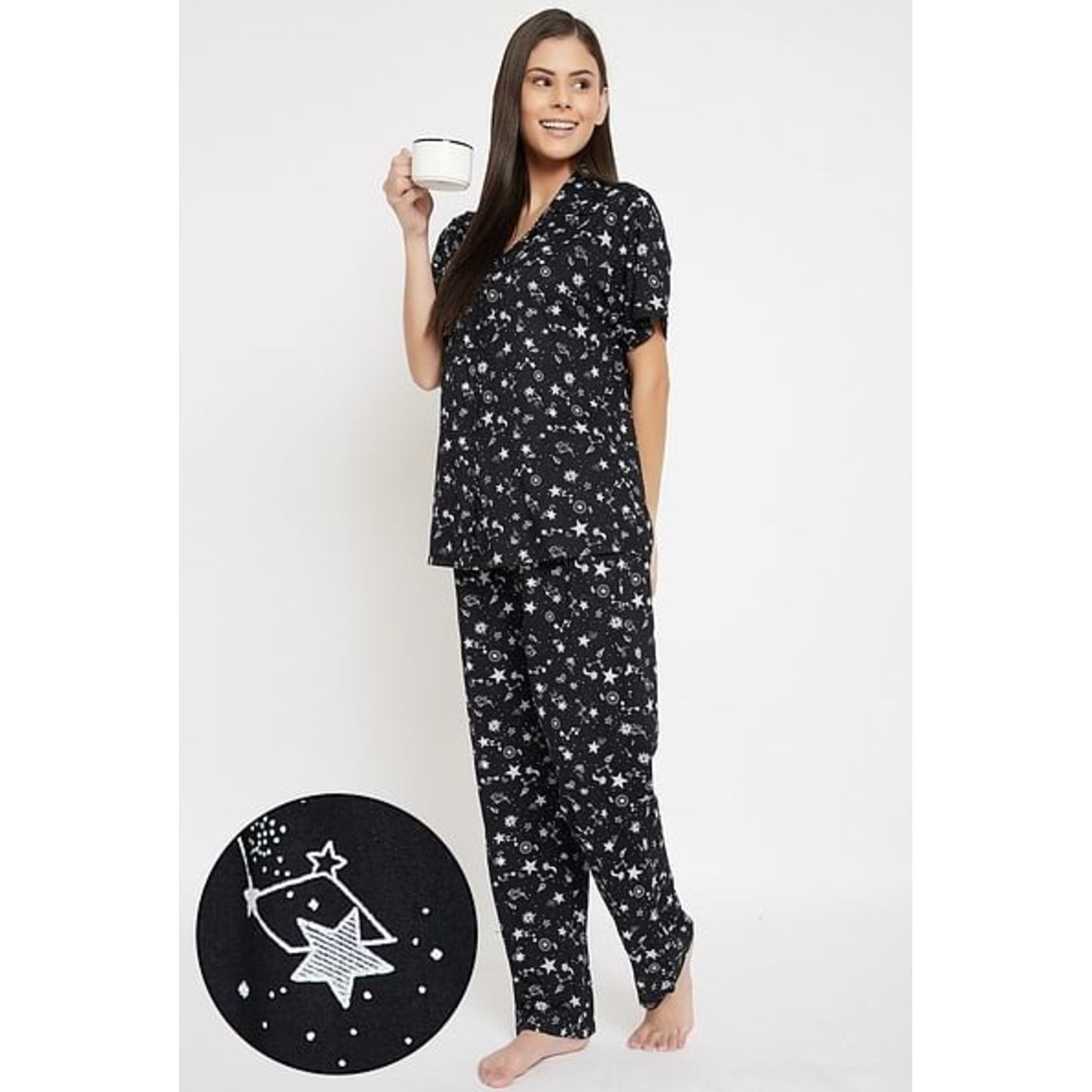 Galaxy Print Button Me Up Shirt & Pyjama Set in Black - Crepe