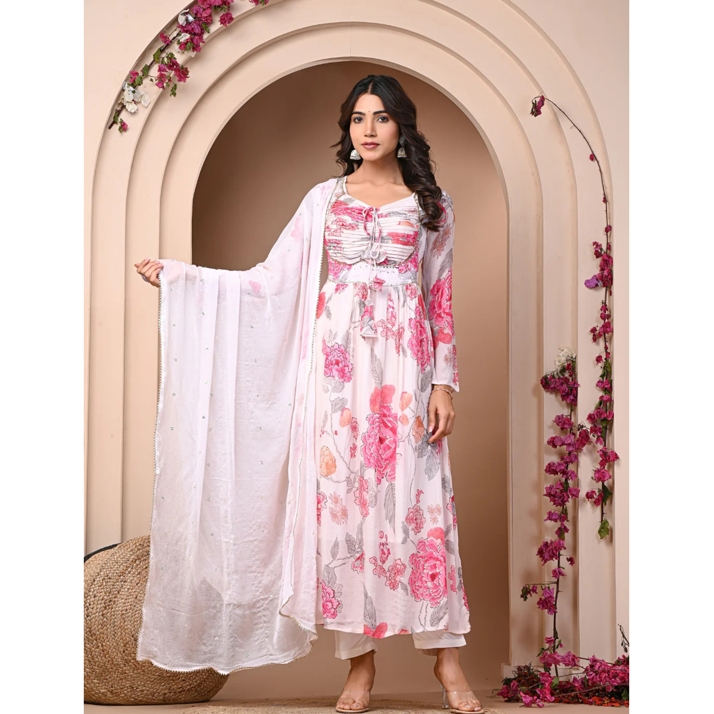 White 3 Pc Chinnon & Shantoon Padded Suit Set 